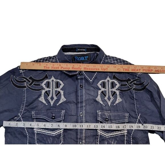 Roar Signature Button Up‎ Shirt Men Sz L Embroidered Blue Designer - Picture 6 of 7